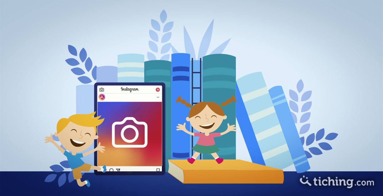 Lectura con Instagram: un niños y una niña con libro de papel de fondo y una tablet con el símbolo de Instagram en la pantalla