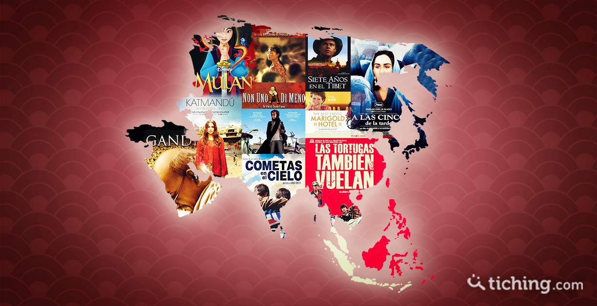 imagen 10 películas para aprender del continente asiático: mapa de Asia con imágenes de las portadas de las películas