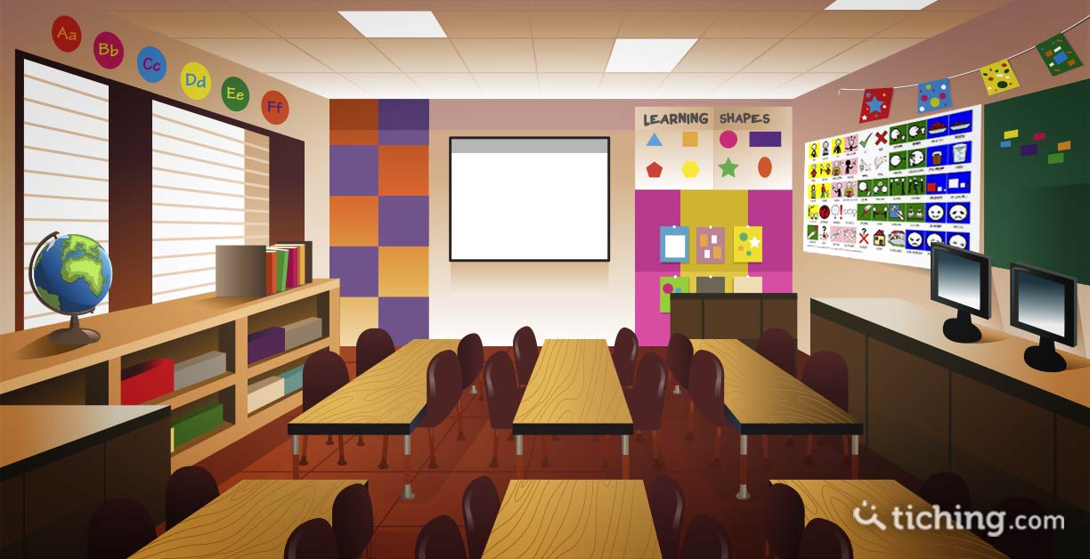 Imagen SAAC: aula con mural Sistema Pictrográfico de Comunicación (SPC) en la pared derecha.