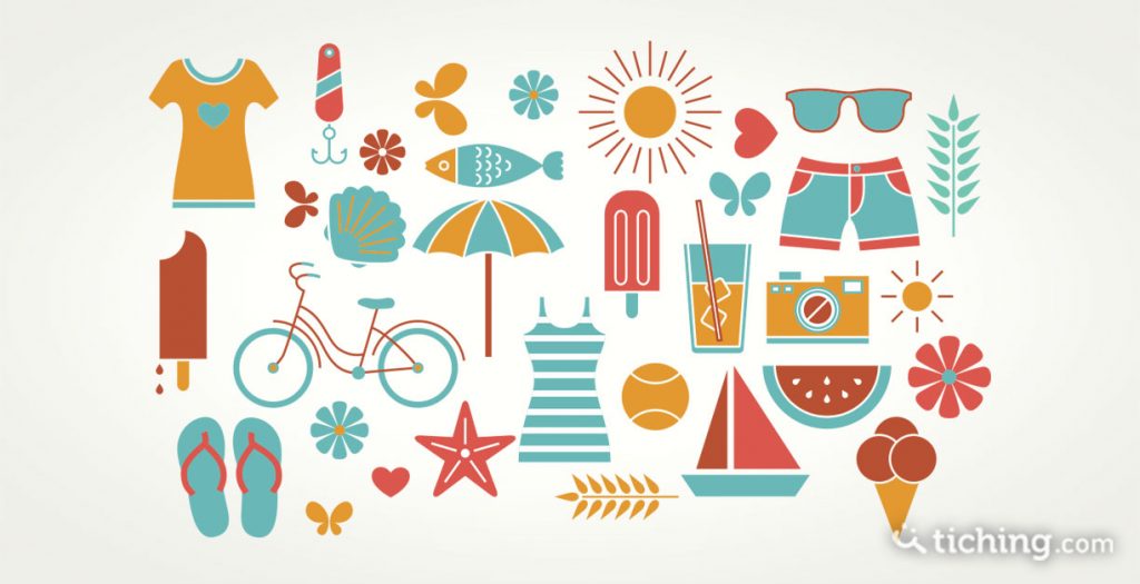 Imagen de deberes para verano: diferentes elementos del verano (Parasol, gafas de sol, herlados, vestidos, bicicleta...